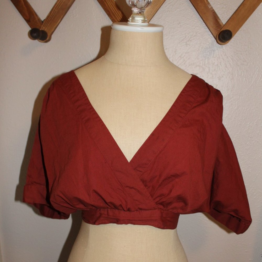 Free People Size XS Rust Orange Cropped Short Sleeve Open Tie Back Top
